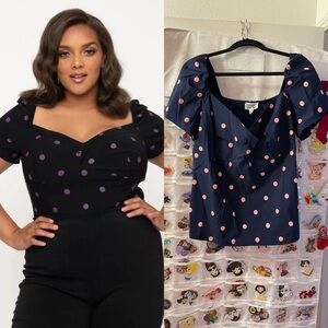 Unique Vintage Navy & Pink Polka Dot Nora Top